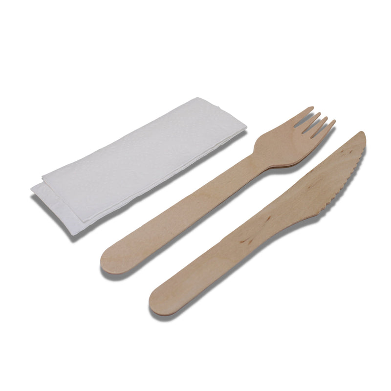 Juego con tenedor de madera, cuchillo de madera (160 mm), servilleta blanca 25x25 cm - 50 juegos por paquete