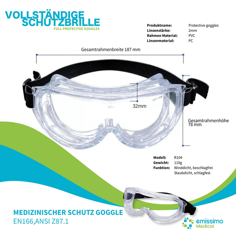 Medical Class I  PVC Schutzbrille Überbrille Anti-Fog transparent mit Gummiband