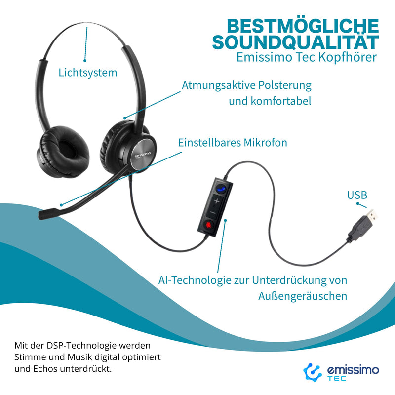 Emissimo Tec LF22 Stereo- Headset mit intelligentem Lärmfilter-Mikrofon für störungsfreie Gespräche