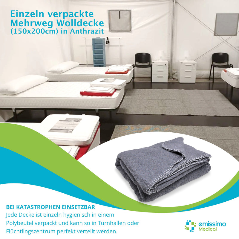 Manta de lana reutilizable, manta de ambulancia, servicio de rescate, 150 x 200 cm, antracita, para refugiados, protección civil, manta de emergencia