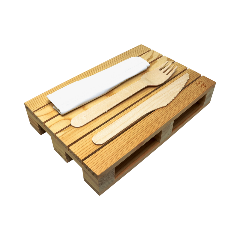 Bio Besteckset Holz Gabel, Messer und Serviette 33x33 cm, 2-lagig - Verpackung: Einzeln verpackt