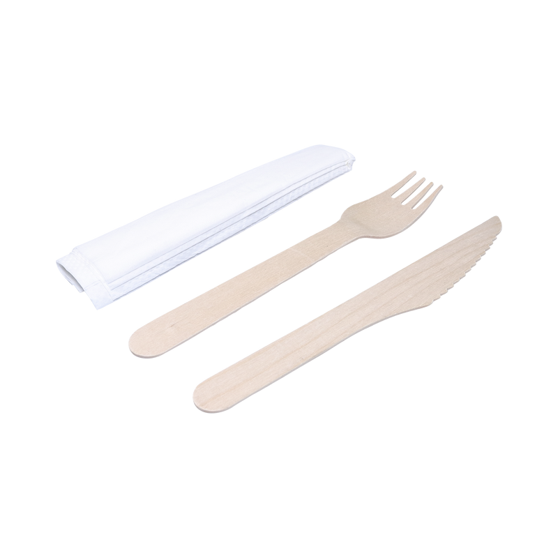 Juego de cubiertos orgánicos tenedor, cuchillo y servilleta de madera 33x33 cm, 2 capas - embalaje: embalado individualmente