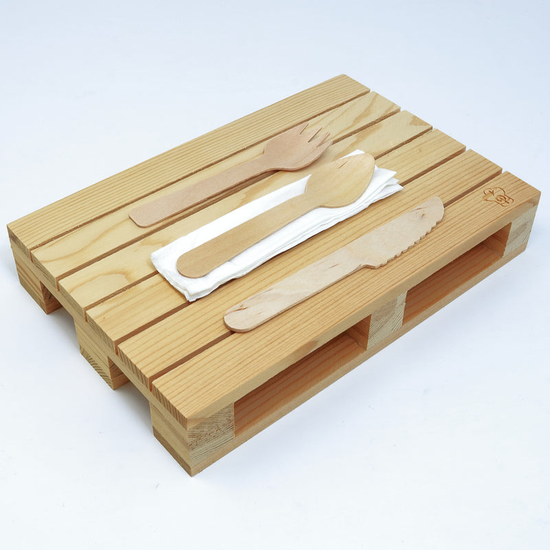 Bio Besteckset Holz Gabel, Messer, Löffel und Serviette 25 x 25cm, 1-lagig, einzeln verpackt