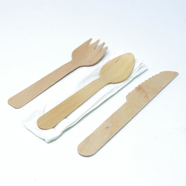 Juego de cubiertos orgánicos tenedor, cuchillo, cuchara y servilleta de madera 25 x 25 cm, 1 capa, empaquetados individualmente