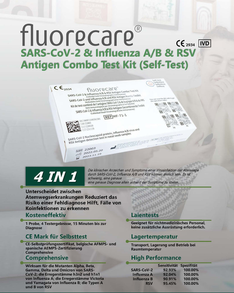 fluorecare SARS-CoV-2, Influenza A/B & RSV Combo-Schnelltest 1er