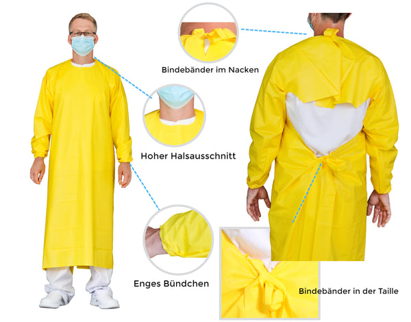Bata protectora reutilizable emissimo, MSK155OCG, lazos, puños elásticos, amarilla, 135x155 (Clinic Var.)