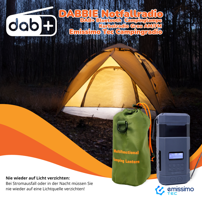 Emissimo Tec radio camping DABBIE radio emergencia DAB + Bluetooth lámpara camping manivela radio gris AM/FM