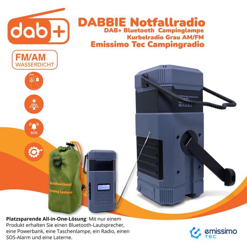 Emissimo Tec Campingradio DABBIE Notfallradio DAB+ Bluetooth Campinglampe Kurbelradio Grau AM/FM