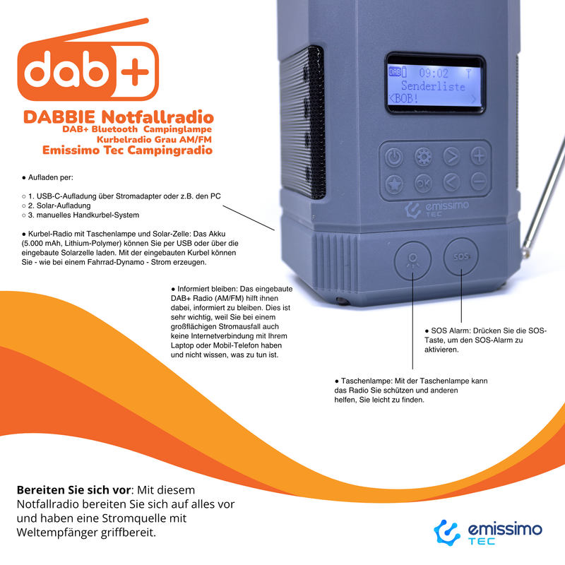 Emissimo Tec Campingradio DABBIE Notfallradio DAB+ Bluetooth Campingla