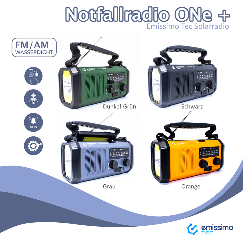emissimo Tec Notfallradio Kurbellradio 10000mah Notfall Set 5-in-1: Radio, Taschenlampe,Kompass und Powerbank -Handkurbel, Solarpanel & Strom