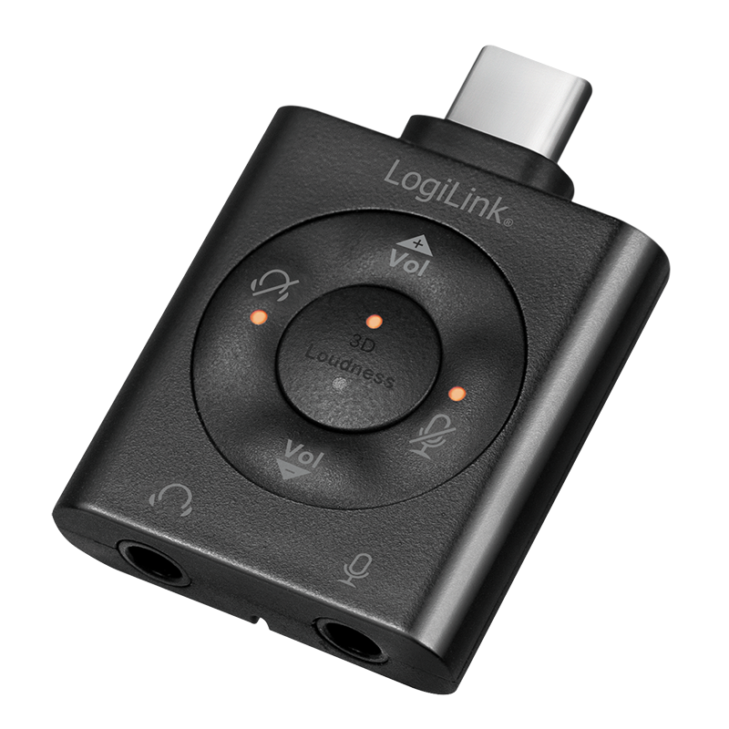 LogiLink USB-C Audio Adapter, C/M zu 2 x 3,5 mm, F, virtuell 7.1, schwarz