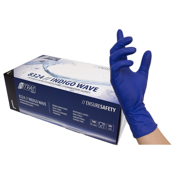 NITRAS INDIGO WAVE, guantes desechables de nitrilo, azul oscuro - 1 paquete = 100 piezas, tamaño: L